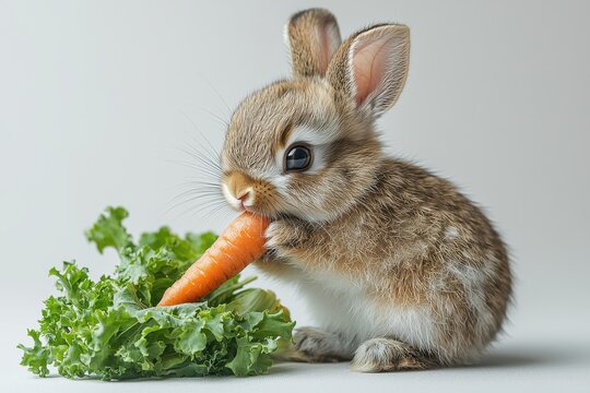 Cute baby rabbit nibbling on a fresh carrot and leafy greens. Perfect for themes of nature, wildlife, and cuteness.