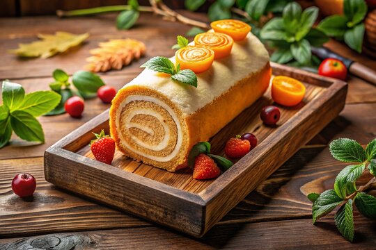 Delicious Yamroll Cake on Wooden Tray - Perfect Dessert for Any Occasion
