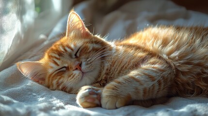 Peaceful ginger cat sleeping in sunlight on a cozy bed, enjoying a lazy afternoon nap in a warm, comforting environment.