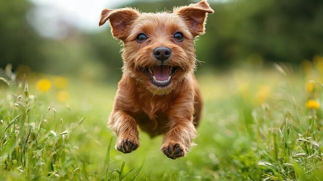 Joyful brown dog leaping through green field, capturing the essence of freedom and happiness with a blurred nature background.