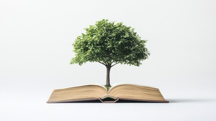 Tree growing out of a book, symbolizing growth in knowledge and leadership, isolated on white background