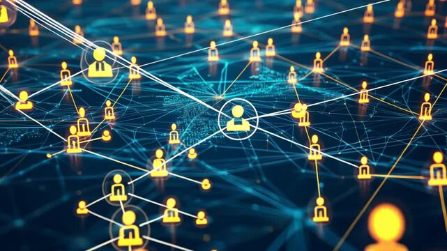 People connected by digital lines forming a global network, with glowing nodes representing connections, diverse individuals interacting in a complex web, modern communication technology concept - Powered by Adobe
