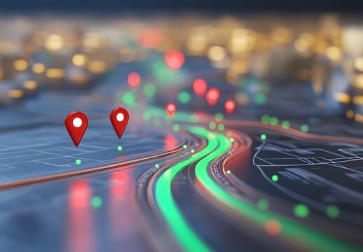 3D map route with red and green pins