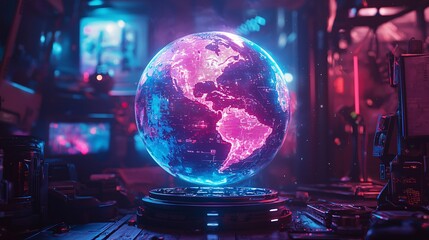 Fototapeta premium Futuristic Transparent Holographic Globe Spinning in Dark Tech-Themed Room