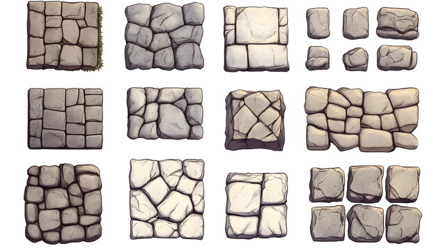 Modular 2D Top-Down Stone Floor Tiles - Highly Detailed on white and transparent background. PNG