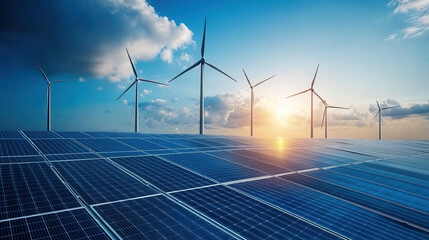 high tech oil rig features solar panels and wind turbines, showcasing renewable energy solutions. scene captures harmony between technology and nature, emphasizing sustainability