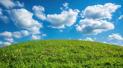 Obraz premium A lush green hill with wildflowers in bloom under a blue sky with white clouds.