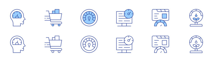Speed icon set in two styles, Duotone and Thin Line style. Editable stroke. performance, shopping cart, speed, speed test, gauge