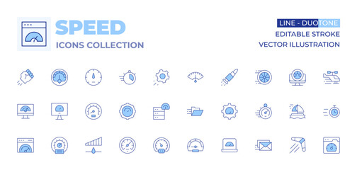 Speed icons collection. Line Duotone style, editable stroke. bullet, performance, speedometer, tyre, sail boat, process, server, settings, folder, time, fist, optimization