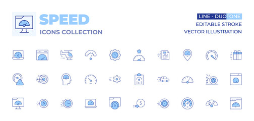 Speed icons collection. Line Duotone style, editable stroke. helicopter, performance, speed limit, arrow, high speed, speed, test, speedometer, browser, gift box, car, file, settings