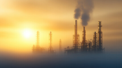 Oil refinery at dawn, bathed in soft golden light, with smoke rising from chimneys, creating dramatic industrial landscape. serene atmosphere contrasts with machinery