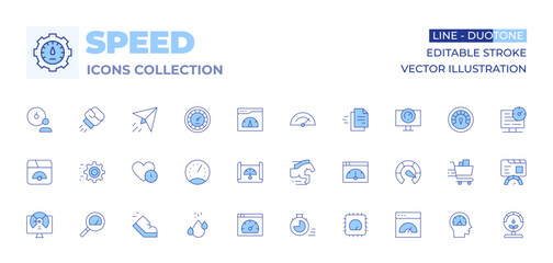Speed icons collection. Line Duotone style, editable stroke. speedometer, efficiency, paper plane, speed dating, boxing, gear, speed, benchmarking, horse, performance