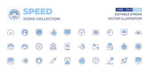 Speed icons collection. Line Duotone style, editable stroke. performance, sand clock, speedometer, time, productivity, fast time, meter, speed limit, slope, speed