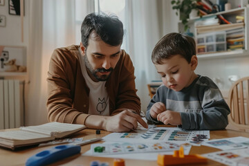 Father explaining a chore chart to child, stickers and rewards, teaching responsibility