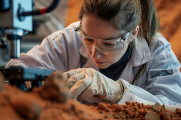 Scientist examining microscopic life forms on Mars soil sample, using advanced lab equipment, focused expression