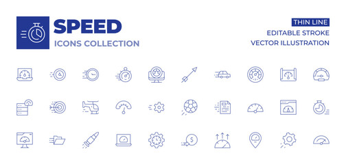 Speed icons collection. Thin Line icons, editable stroke. bullet, file, helicopter, high performance, server, settings, speed, speedometer, arrow, coin, folder, football