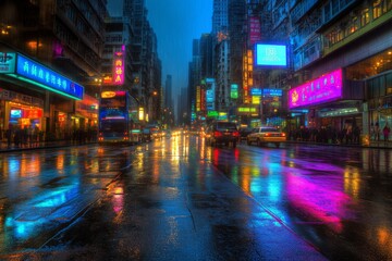 Obraz premium A wet, neon-lit street in a bustling city with blurred cars and people walking past shops and businesses.