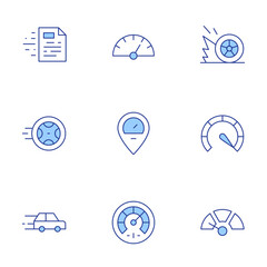 Speed icons set. Line Duotone style, editable stroke. slow, speed, speedometer, car, file, tyre