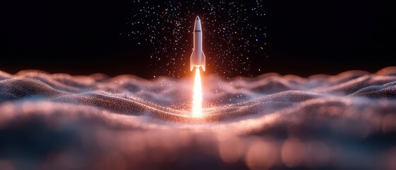 A stunning visualization of a rocket launching through a vibrant, high-tech atmosphere. This image captures the energy and excitement of space exploration and innovation.