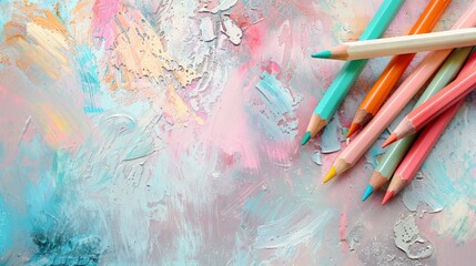 Vibrant assortment of color pencils arranged on soft pastel background, back to school concept with creative art supplies, ideal for education and craft projects


