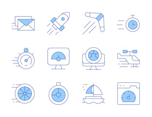 Speed icons. Line Duotone style, editable stroke. chronometer, speedometer, helicopter, performance, boomerang, tyre, sail boat, mail, optimization, rocket, speed dating