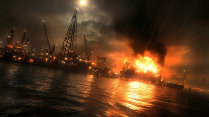 Obraz premium massive fire engulfs oil rig, illuminating night sky with flames and smoke. scene captures intensity of blaze against backdrop of industrial structures and rain