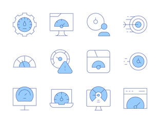 Speed icons. Line Duotone style, editable stroke. performance, speed, speed limit, arrow, clock, high speed, efficiency, slow speed, speedometer
