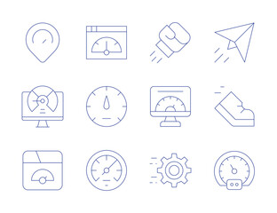 Speed icons. Thin Line style, editable stroke. optimization, paper plane, running, speed, placeholder, slow speed, speedometer, boxing, estimate, gear
