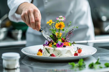 Chef garnishing plant-based dessert with edible flowers, modern kitchen, emphasis on creative presentation