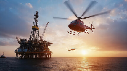 Sunrise over oil rig with helicopters flying above water, creating dramatic scene. vibrant colors of sky reflect on ocean, enhancing industrial atmosphere