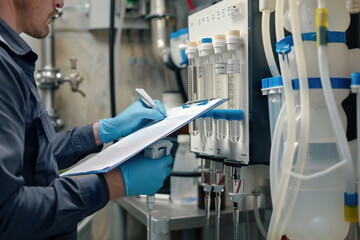 Technician inserting water samples into purification machine, detailed notes on clipboard, lab...