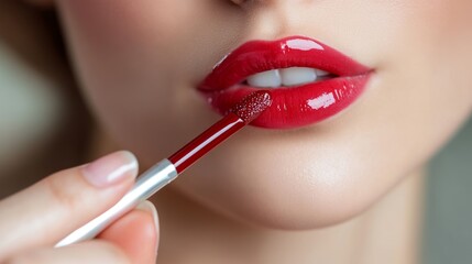 A woman applies lip gloss with natural makeup and soft lighting, capturing her beauty and focus in a serene moment