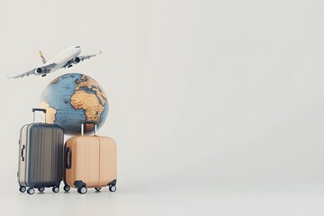 Fototapeta premium 3D render of a travel concept with a globe, airplane, and suitcases on a white background. 