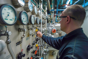 Engineer inspecting desalination plant control panel, monitoring gauges, large seawater intake pipes visible