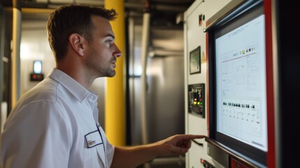 An industrial engineer reviewing fire safety protocols using a virtual control panel, monitoring AI-driven fire protection systems in real time