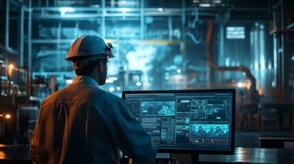 An industrial engineer working with automated fire safety solutions, using a virtual control panel to manage fire risks in a manufacturing plant