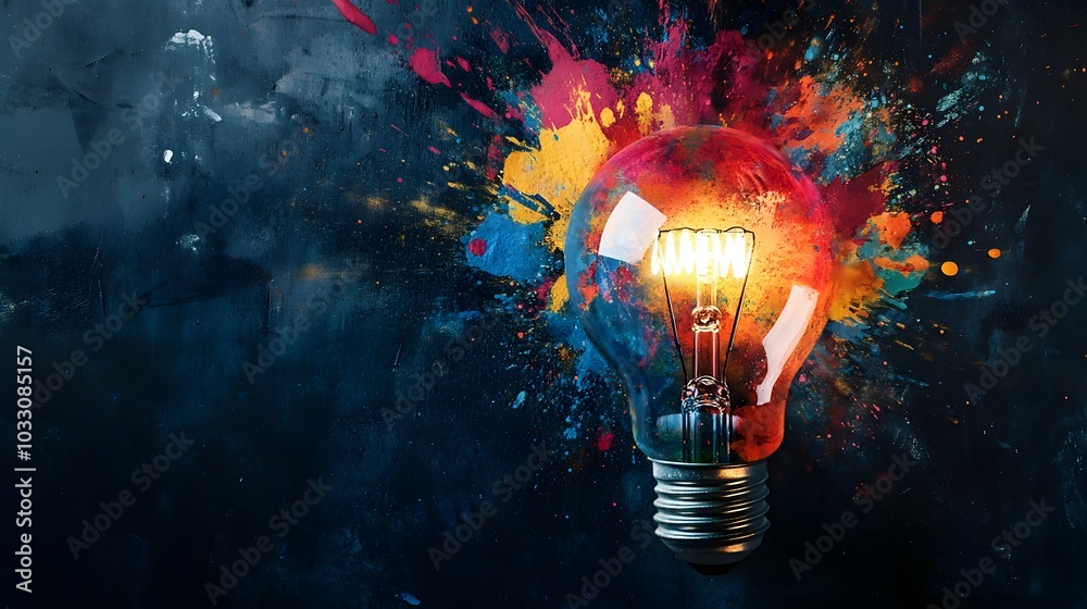 Wall mural a light bulb exploding with colorful paint splatter
