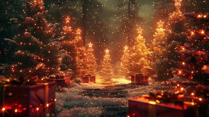 Obraz premium Festive Forest Scene: Illuminated Christmas Trees with Red and Gold Garlands Amidst Snowy Flakes