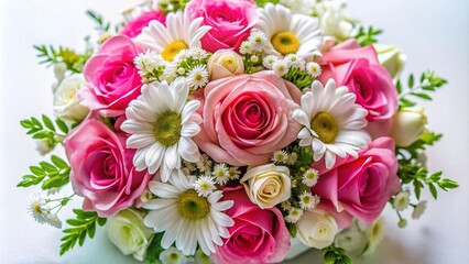 Elegant Wedding Bouquet of Roses, Carnations, and Daisies on White Background