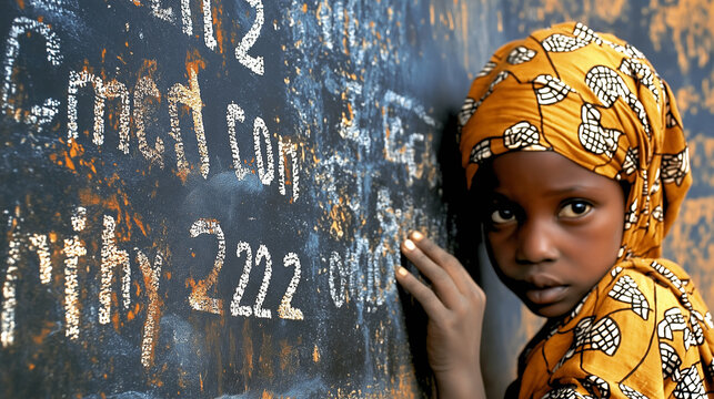 Young girl in traditional clothing standing against chalkboard with mathematical equations - Powered by Adobe