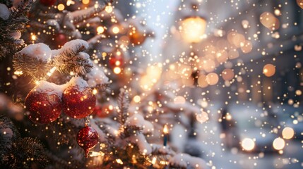 decorated Christmas tree with shiny baubles, gift and gold bokeh light for Christmas celebration background.	
