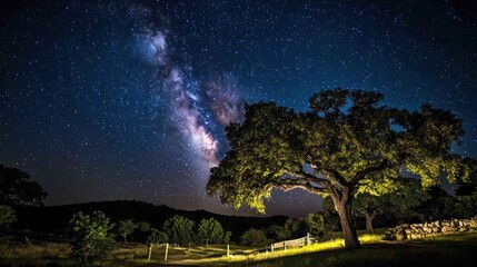 A lone tree stands silhouetted against a night sky filled with stars and the milky way galaxy.