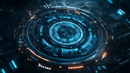 Obraz premium 3D rendering of a futuristic, round digital display with cyberpunk elements and red light inside a space station