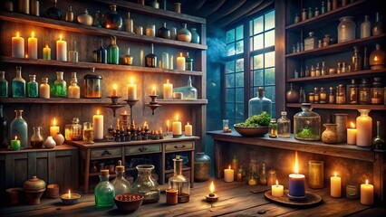 Enigmatic Witch's Apothecary with Bubbling Potions Under Candlelight