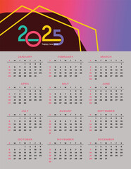 Modern 2025 new year english wall calendar template printable design