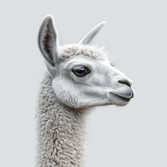 Obraz premium A close-up profile of a fluffy llama against a neutral background.