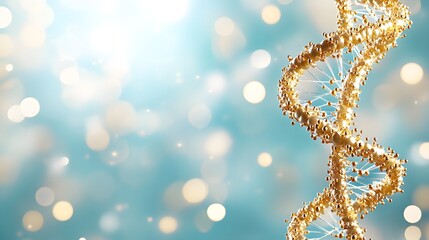 Obraz premium A shimmering golden DNA double helix stands out against a soft blue background, capturing the essence of genetics and molecular biology.