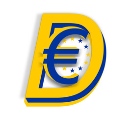 the Digital Euro as D€ as DEUR, the currency of the European Union, simple flat style with creative 3d-effect , Arial Italic, isolated, yellow and blue round icon symbol