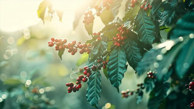 Close up of coffee tree with red and green beans on branches against morning mist background.