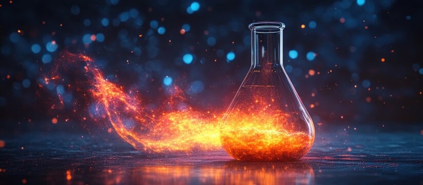 A glowing laboratory flask emits vibrant flames, symbolizing scientific experimentation.